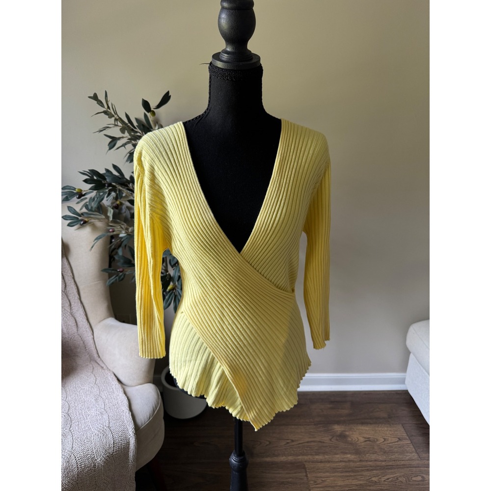Baranda Yellow Ribbed Wrap Front V-Neck Sweater Top Small Asymmetric Hem